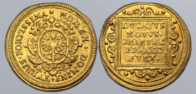 German States, Frankfurt (Free Imperial City) AV Ducat. 1633. NOMEN:DOMINI:TVRRIS:FORTISSIMA:, city arms, date across upper fields, Æ and key symbol b...