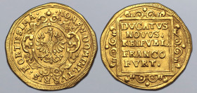 German States, Frankfurt (Free Imperial City) AV Ducat. 1637. NOMEN: DOMINI: TVRRIS: FORTISSIMA, city arms, date across upper fields, AM and key symbo...