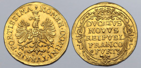 German States, Frankfurt (Free Imperial City) AV Ducat. 1646. § NOMEN • DOMINI • TVRRIS • FORTISSIMA, crowned eagle facing, with head to left and wing...