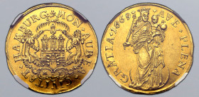 German States, Hamburg (Free Hanseatic city) AV 2 Ducats. 1669. Matthias Freude der Ältere, mintmaster. MON ⬩ AUREA ⬩ CIVITAT ⬩ HAMBURG (clover), city...