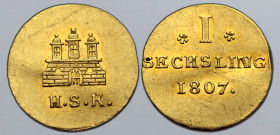 German States, Hamburg (Free Hanseatic City) AV Pattern Sechsling (⅓ Ducat). 1807. Castle with three towers and half-raised portcullis in gateway abov...