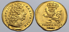 German States, Hessen-Kassel (Landgraviate). Friedrich I AV ½ Ducat (Edergold Halbdukat). Kassel mint, 1731. FRIDERICVS • D G • REX SVECIAE •, bare he...