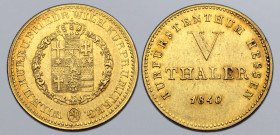 German States, Hessen-Kassel (Electorate). Wilhelm II, with Friedrich Wilhelm, AV 5 Taler. Kassel mint, 1840. KURFÜRSTENTHUM HESSEN, denomination in t...