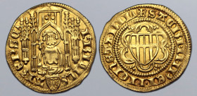 German States, Köln (Cologne, Archdiocese). Friedrich III von Saarwerden AV Goldgulden. Riel mint, 1381-1383. FRIDICS ARЄPSC, half-length bust of St. ...