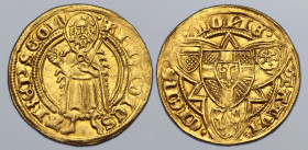 German States, Köln (Cologne, Archdiocese). Friedrich III von Saarwerden AV Goldgulden. Deutz mint, 1387. FRIDICS ARЄPS COL, St. John the Baptist stan...