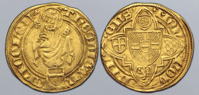 German States, Köln (Cologne, Archdiocese). Dietrich II von Mörs AV Goldgulden. Riehl mint, 1420. ∗ TҺЄODIC' ∗ ARЄPI ∗ COLOꞂ', three-quarter length fa...