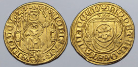 German States, Mayence (Mainz, Archdiocese). Johann II von Nassau AV Goldgulden. Höchst mint, 1404-1409. IOꞂIS ◦ ARЄP MAGV, Archbishop seated facing o...