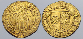 German States, Mayence (Mainz, Archdiocese). Johann II von Nassau AV Goldgulden. Bingen mint, 1414-1417. IOꞂIS’ • ARЄP’ • ᙏAGVꞂT’, St. John the Baptis...