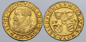 German States, Münsterberg-Oels (Duchy). Johann AV Ducat. Reichenstein (Złoty Stok) mint, 1563. ❀ IOHAN • D • G • DVX • MVN • SL • OL • CO • GL, bare-...