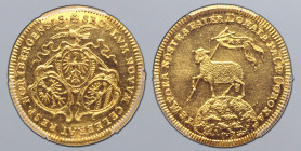 German States, Nürnberg (Nuremberg, Free Imperial city) AV Ducat. 1700. ✠ SECVLVM NOVVM CELEBRAT RESP. NORIBERGENSIS, three shields-of-arms, topped by...