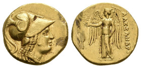 KINGS OF MACEDON, Alexander III 'the Great' (336-323 BC). GOLD Stater. Uncertain mint in western Asia Minor.

Obv: Head of Athena right, wearing Corin...