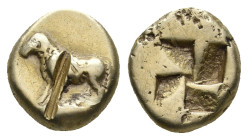 MYSIA, Kyzikos. (Circa 500-475 BC.) EL Hekte. 2.68g 11.6m

Obv: Ram standing left; tunny to left below.
Rev: Quadripartite incuse square.
