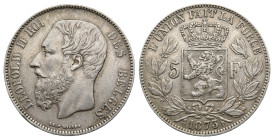 BELGIUM, Leopold II (1865-1909 AD) 5 Franc. Dated 1873. 25g 37.3m