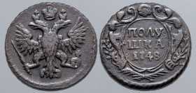 Russia, Empire. Elizabeth CU Polushka (1/4 Kopeck). Ekaterinburg mint, 1748. Crowned double-headed eagle facing, holding sceptre and orb; crown above ...