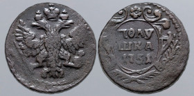 Russia, Empire. Elizabeth CU Polushka (1/4 Kopeck). Ekaterinburg mint, 1751. Crowned double-headed eagle facing, holding sceptre and orb; crown above ...
