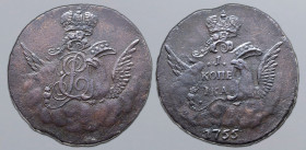 Russia, Empire. Elizabeth CU Kopeck. Ekaterinburg mint, 1755. Eagle with wings spread emerging to right from clouds, with head to left, supporting orn...