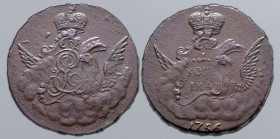 Russia, Empire. Elizabeth CU Kopeck. Ekaterinburg mint, 1756. Eagle with wings spread emerging to right from clouds, with head to left, supporting orn...
