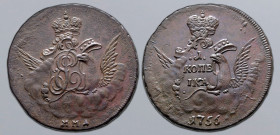 Russia, Empire. Elizabeth CU Kopeck. Red mint, 1756. Eagle with wings spread emerging to right from clouds, with head to left, supporting ornate shiel...