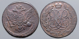 Russia, Empire. Elizabeth CU 5 Kopeck. Ekaterinburg mint, 1759. Crowned double-headed eagle facing with wings spread, wearing shield on breast depicti...