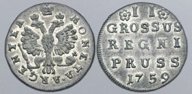 Russia, Empire (Occupation of Prussia). Elizabeth BI 2 Groschen. Königsberg mint, 1759. MONETA • ARGENTEA, crowned double-headed eagle facing with win...