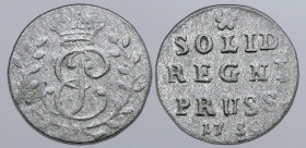 Russia, Empire (Occupation of Prussia). Elizabeth BI Schilling. Königsberg mint, 1759. Crowned monogram within wreath / Denomination above REGNI PRUSS...