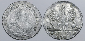 Russia, Empire (Occupation of Prussia). Elizabeth AR 1/3 Taler. Königsberg mint, 1761. ELISAB : I : D : G : IMP : TOT : RUSS, crowned and draped bust ...
