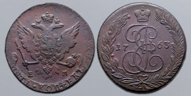 Russia, Empire. Catherine II CU 5 Kopeck. Ekaterinburg mint, 1763. Crowned double-headed eagle facing with wings spread, wearing shield on breast depi...
