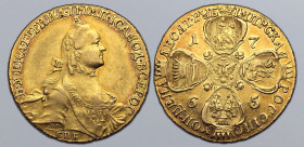 Russia, Empire. Catherine II AV 10 Rouble. St. Petersburg mint, 1765/4. Б • М • ЕКАТЕРИНА • II • ІМП • IСАМОД • ВСЕРОС, crowned and draped bust to rig...