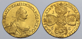 Russia, Empire. Catherine II AV 5 Rouble. St. Petersburg mint, 1765. Б • М • ЕКАТЕРИНА • II • ІМП • IСАМОД • ВСЕРОС, crowned and draped bust to right;...