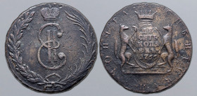 Russia, Empire. Catherine II CU 10 Kopeck. Suzun mint, 1766. Crowned monogram within wreath / • СИБИРСКАЯ • МОНЕТА •, two sables holding crowned carto...