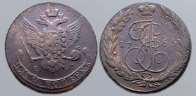 Russia, Empire. Catherine II CU 5 Kopeck. Ekaterinburg mint, 1766. Crowned double-headed eagle facing with wings spread, wearing shield on breast depi...