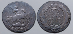 Russia, Empire. Catherine II CU 2 Kopeck. St. Petersburg mint, 1766. St. George on horseback to right, slaying dragon with spear; [C]П-M across outer ...
