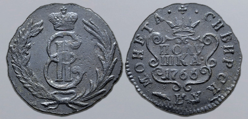 Russia, Empire. Catherine II CU Polushka (1/4 Kopeck). Suzun mint, 1766. Crowned...