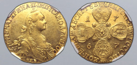 Russia, Empire. Catherine II AV 10 Rouble. St. Petersburg mint, 1767. Б • М • ЕКАТЕРИНА • II • ІМП • IСАМОД • ВСЕРОС, crowned and draped bust to right...