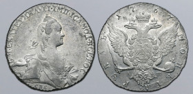 Russia, Empire. Catherine II AR Rouble. St. Petersburg mint, 1767. Б • М • ЕКАТЕРИНА • II • ІМП • IСАМОД • ВСЕРОС, crowned and draped bust to right; •...