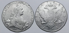 Russia, Empire. Catherine II AR Rouble. St. Petersburg mint, 1768. Б • М • ЕКАТЕРИНА • II • ІМП • IСАМОД • ВСЕРОС, crowned and draped bust to right; •...