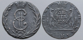 Russia, Empire. Catherine II CU Denga (1/2 Kopeck). Suzun mint, 1769. Crowned monogram, К-M across lower fields; all within wreath / • СИБИРСКАЯ • МОН...