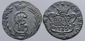 Russia, Empire. Catherine II CU Polushka (1/4 Kopeck). Suzun mint, 1775. Crowned monogram, К-M across lower fields; all within wreath / • СИБИРСКАЯ • ...