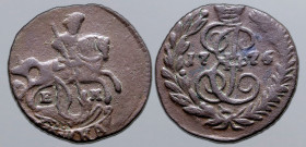 Russia, Empire. Catherine II CU Polushka (1/4 Kopeck). Ekaterinburg mint, 1776. St. George on horseback to right, slaying dragon with spear; E-M acros...