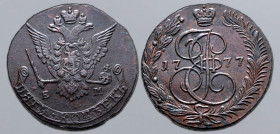 Russia, Empire. Catherine II CU 5 Kopeck. Ekaterinburg mint, 1777. Crowned double-headed eagle facing with wings spread, wearing shield on breast depi...