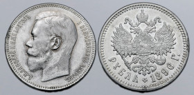 Russia, Empire. Nicholas II AR Rouble. St. Petersburg mint, 1896. Б.М.НИКОЛАЙ II ИМПЕРАТОРЪ И САМОДЕРЖЕЦЪ ВСЕРОСС., bare head to left / Crowned double...