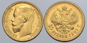 Russia, Empire. Nicholas II AV 15 Rouble. St. Petersburg mint, 1897. Б.М.НИКОЛАЙ II ИМПЕРАТОРЪ И САМОДЕРЖЕЦЪ ВСЕРОСС., bare head to left / Crowned dou...