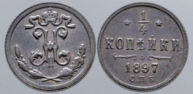 Russia, Empire. Nicholas II CU Polushka (1/4 Kopeck). Birmingham mint, 1897. Monogram; crown with ribbons above, wreath around / Denomination over dat...