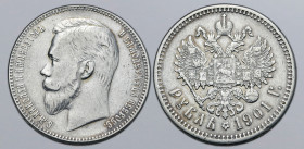 Russia, Empire. Nicholas II AR Rouble. St. Petersburg mint, 1901. Б.М.НИКОЛАЙ II ИМПЕРАТОРЪ И САМОДЕРЖЕЦЪ ВСЕРОСС., bare head to left / Crowned double...