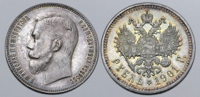 Russia, Empire. Nicholas II AR Rouble. St. Petersburg mint, 1901. Б.М.НИКОЛАЙ II ИМПЕРАТОРЪ И САМОДЕРЖЕЦЪ ВСЕРОСС., bare head to left / Crowned double...