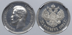 Russia, Empire. Nicholas II AR Proof 25 Kopeck. St. Petersburg mint, 1901. Б.М.НИКОЛАЙ II ИМПЕРАТОРЪ И САМОДЕРЖЕЦЪ ВСЕРОСС., bare head to left / Crown...