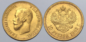 Russia, Empire. Nicholas II AV 10 Rouble. St. Petersburg mint, 1902. Б.М.НИКОЛАЙ II ИМПЕРАТОРЬ И САМОДЕРЖЕЦЪ ВСЕРОСС., bare head to left / Crowned dou...