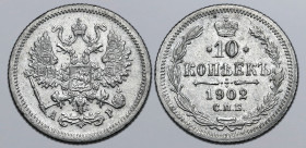 Russia, Empire. Nicholas II AR 10 Kopeck. St. Petersburg mint, 1902. Crowned double-headed eagle facing with wings spread, wearing shield on breast de...