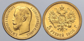 Russia, Empire. Nicholas II AV 5 Rouble. St. Petersburg mint, 1903. Б.М.НИКОЛАЙ II ИМПЕРАТОРЪ И САМОДЕРЖЕЦЪ ВСЕРОСС., bare head to left / Crowned doub...
