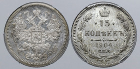 Russia, Empire. Nicholas II AR 15 Kopeck. St. Petersburg mint, 1904. Crowned double-headed eagle facing with wings spread, wearing shield on breast de...